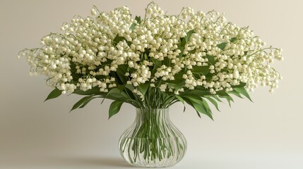 Fototapeta premium Lush bouquet of lily of the valley in a clear glass vase. (1)