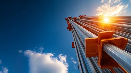 Low angle shot bright sunlight illuminates tall metallic pipes against vivid blue sky. AI Generated