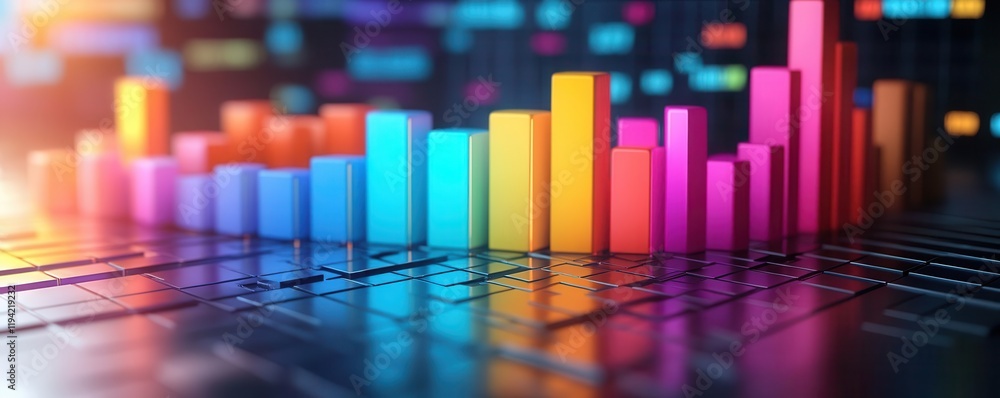 Poster a vibrant data visualization featuring colorful bars against a dark background, representing analyti