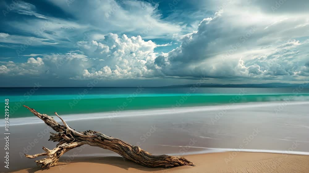 Poster driftwood rests on a tranquil beach with gentle waves and beautiful clouds in the sky, driftwood on 