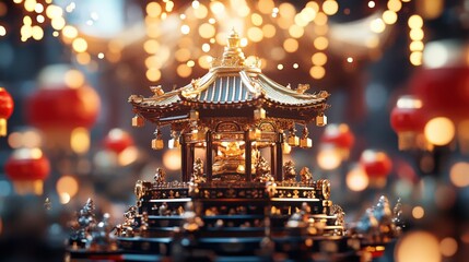 Fototapeta premium Intricate Golden Temple Miniature with Red Lanterns, Perfect for Home Decor or Collectibles