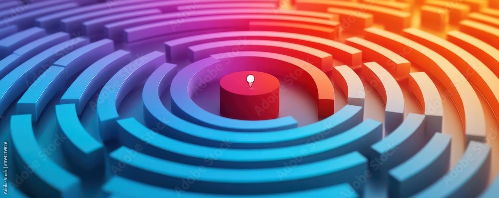 Poster a colorful, abstract representation of a maze with concentric circles and a central red element, sym