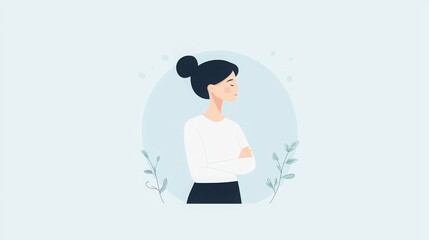 A thoughtful woman with crossed arms, surrounded by soft colors and plants.