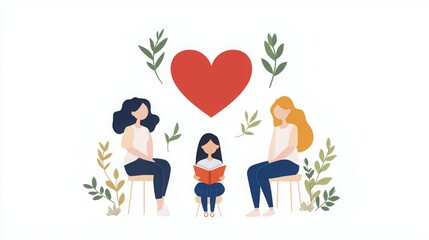Three women and a girl reading together, surrounded by leaves and a heart.