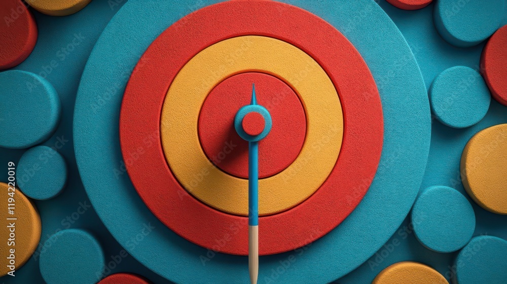 Poster a vibrant target with concentric circles in red, yellow, and blue, surrounded by colorful dots, emph