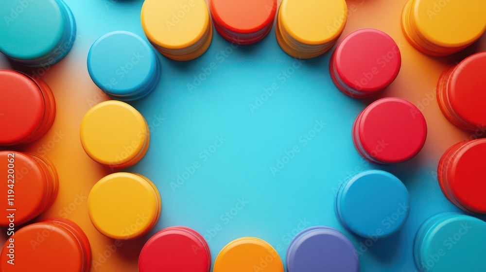 Poster a vibrant arrangement of colorful circular objects forms a circle against a gradient background, sho