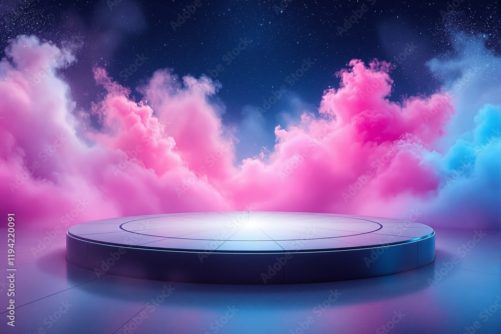Poster circular podium with glowing surface in ethereal pink and blue cloud scene under starry sky. futuris