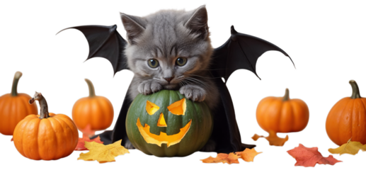 Adorable gray kitten in a Dracula outfit with bat wings on transparent background
