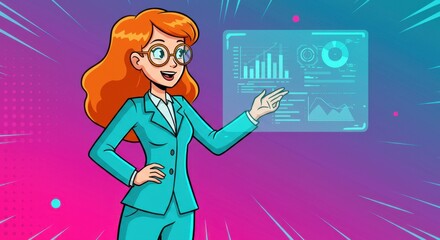 Animated businesswoman analyzing data on a futuristic digital display