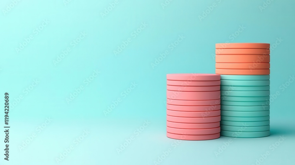 Poster colorful stacked disks in shades of pink and teal against a soft turquoise background create a minim