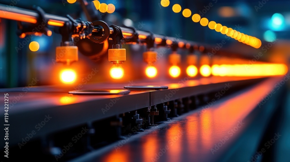 Poster industrial lighting on production line with bokeh effect and depth