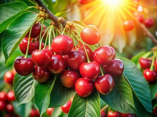 Obraz premium Lush Branch of Sweet Red Cherries - Vibrant Summer Fruit Photography