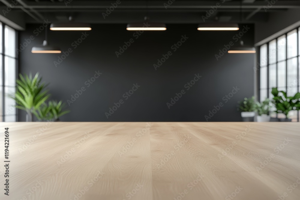 Poster modern workspace with wooden table and greenery in an urban setting