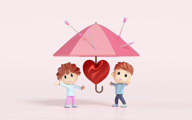 3d boy and girl with valentine red heart protect arrow, umbrella isolated on pink background. Happy valentine's day concept, 3d illustration render
