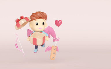 3d cupid flying holding gift box with bow, quiver, arrows isolated. Happy valentine's day concept, 3d illustration render