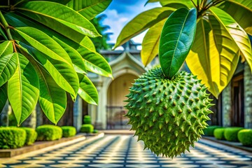 Fototapeta premium Lush Soursop Leaves: Architectural Photography of Tropical Foliage