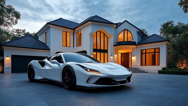 A luxury white sports car parked in front of a modern, elegant home at dusk.