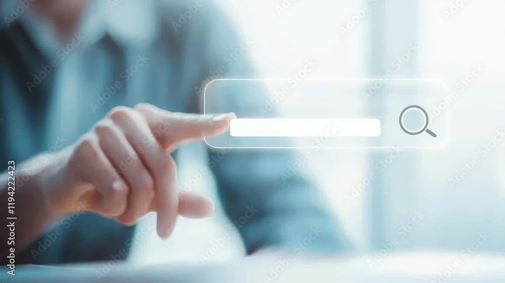 Poster a person interacting with a digital search interface using a finger.