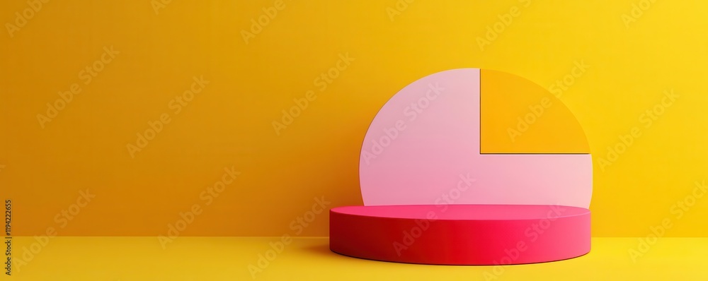 Poster a colorful pie chart design on a bright yellow background, showcasing sections in pink and orange, e