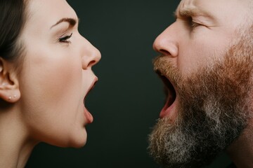 Intense expressions of argument between a man and woman with contrasting emotions captured in close proximity