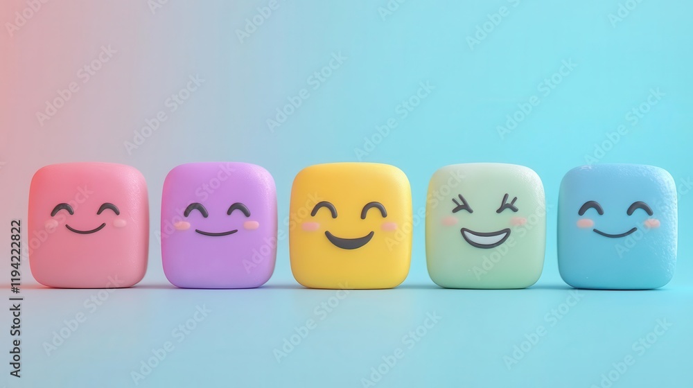 Poster Colorful, smiling cubes display cheerful expressions against a soft gradient background, creating a playful and vibrant atmosphere.