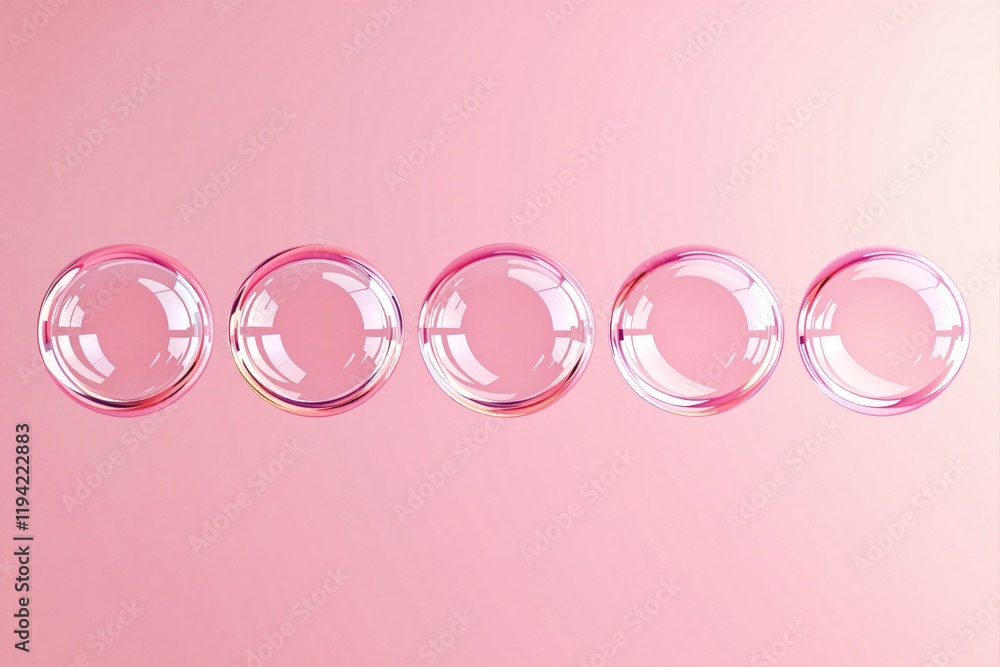 Poster five transparent pink bubbles arranged in a line on a soft pink background, creating a minimalist an