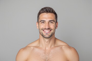 Close-up portrait of a smiling young man with short hair and a beard, shirtless, on a plain gray background. Concept of happiness and confidence. Ai generative