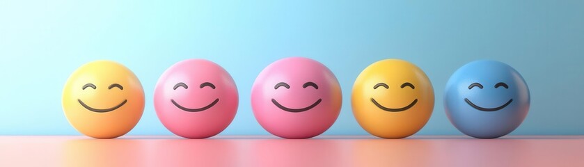 Colorful, smiling eggs are aligned in a row against a soft gradient background, conveying a cheerful and playful vibe.