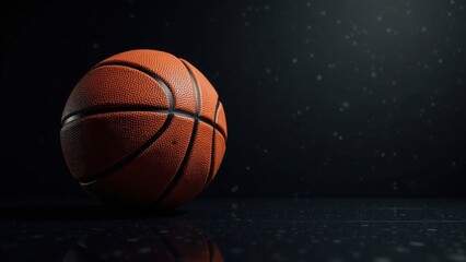 Fototapeta premium A single basketball rests on a dark, speckled surface, subtly illuminated, suggesting the anticipation of a game or the quiet intensity of practice.