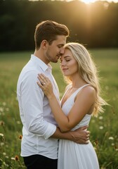 Fototapeta premium Romantic couple embracing at sunset in a scenic meadow