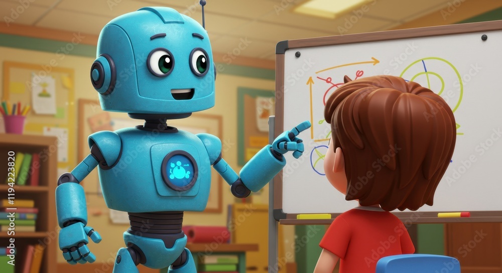 Poster friendly robot teaching math to curious child in classroom setting