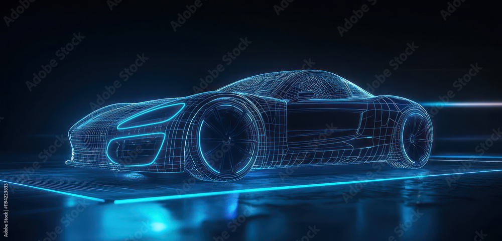 Poster modern vehicle design illuminated by wireframe lights from the front left side.