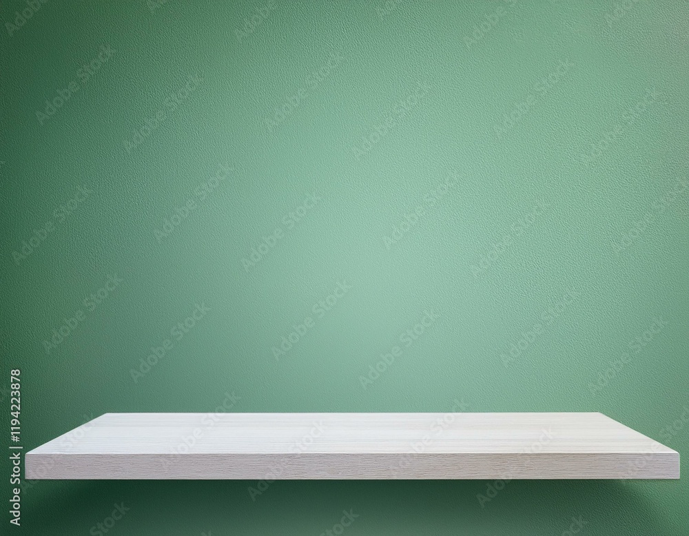 Poster front view of empty shelf on light green wall background with modern minimal concept. generated imag