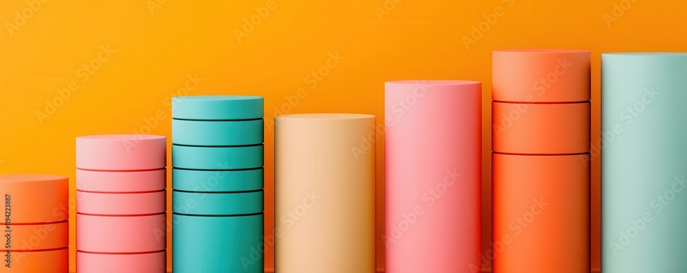 Poster a vibrant display of cylindrical objects in pastel colors arranged in increasing height against a br