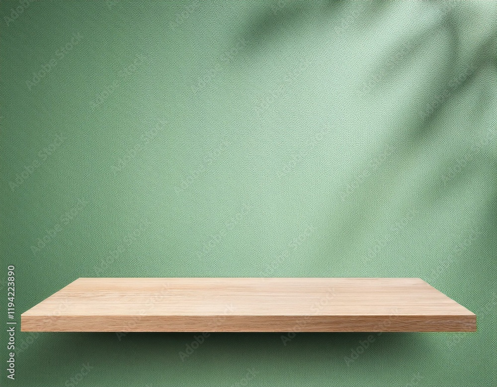 Poster front view of empty shelf on light green wall background with modern minimal concept. generated imag