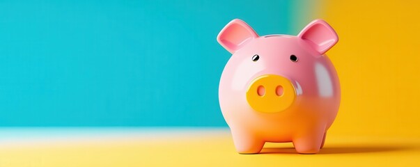 Naklejka premium A cute pink piggy bank stands against a bright blue and yellow background, symbolizing savings and financial planning.