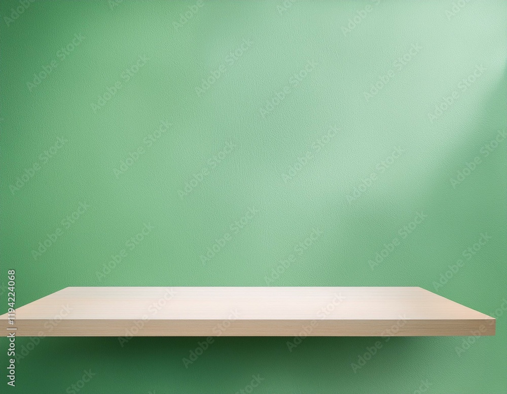 Poster front view of empty shelf on light green wall background with modern minimal concept. generated imag