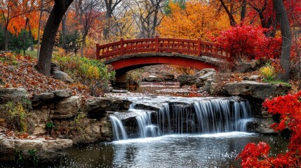 Autumnal Serenity: A Red Bridge Over a Cascading Waterfall
