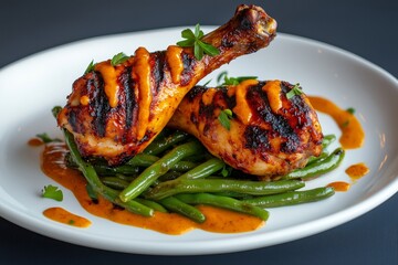Italian food two grilled chicken drumsticks on top green beans, with brown sauce drizzled over it, on white plate, restaurant setting