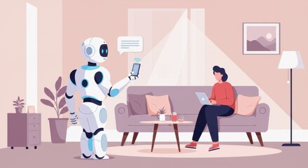 Modern robot and human collaboration in a cozy living room setting