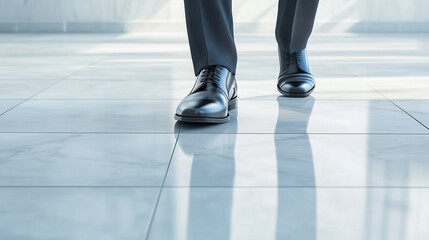 Obraz premium Close-up of a businessperson’s polished shoes walking on a marble floor with a shadowy reflection, symbolizing professionalism, elegance, and purpose.