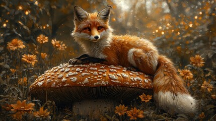 Naklejka premium Red fox resting on giant mushroom in autumnal forest.