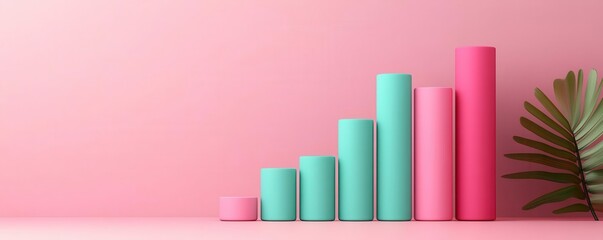 Obraz premium A minimalist graphic showing colorful cylindrical shapes in varying heights against a pink background, suggesting growth and progress.