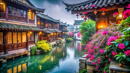 Fototapeta premium Macro Photography: Jiangnan Ancient Town's Enchanting Details, Xanadu-like Wonderland