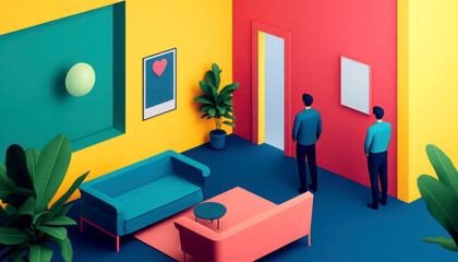 Modern interior with vibrant colors and stylish furniture design.