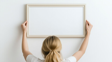A woman holding an empty photo frame against a wall, testing placement for decoration. Perfect for showcasing interior design, creativity, and planning concepts.