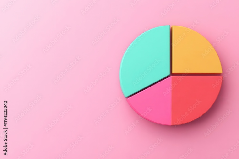 Poster a colorful pie chart on a pink background, symbolizing data visualization and statistics.