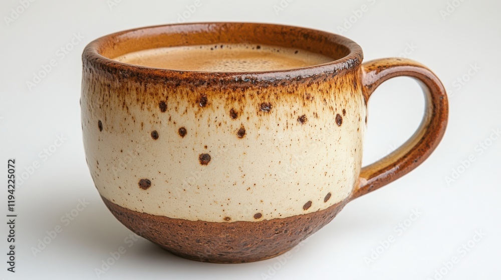Poster handcrafted ceramic mug with a rustic design featuring a smooth finish, earthy tones, and a charming