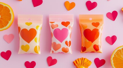 Valentine's snack pouch design, vibrant heart motifs, bold color palette, playful typography, modern youthful branding