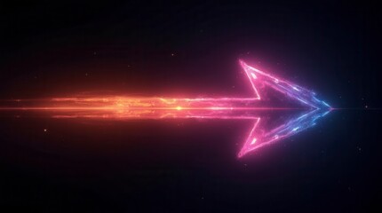 Fototapeta premium Colorful Arrow Made Of Glowing Light Beams, Pointing Right At The Center On A Black Background